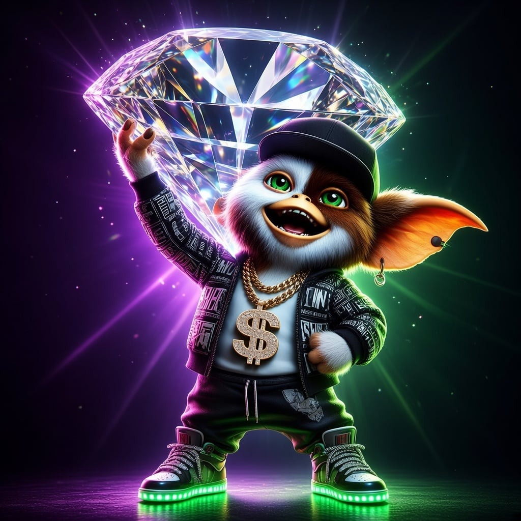 Pookie holding up a giant glowing diamond