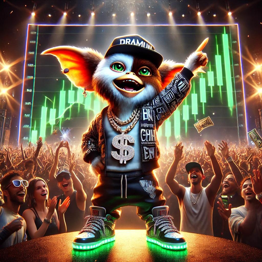 Close-up of Pookie the Gremlin wearing a snapback cap and gold chain